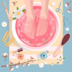 Spa pedicure top view vector illustration. Beauty salon concept. Female feet in pink water bowl with flowers.