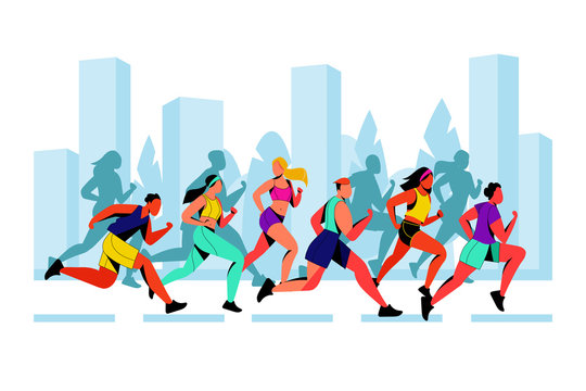 City marathon vector flat illustration. Running colorful people against city background. Outdoor sport concept