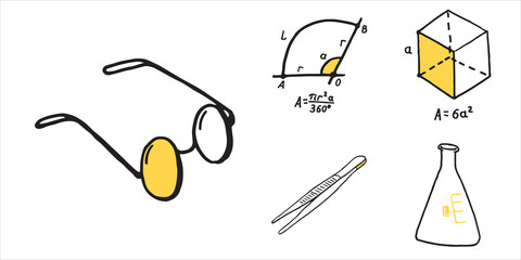 Set of school busines equipment doodle icons