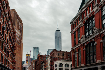 Tribeca street view with One World Trade Center