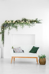 Beautiful interior room with a sofa. Minimalism. Concept design, renovation, housing, home.