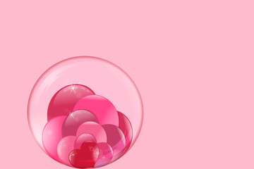 hearts lie inside a transparent glass bowl on pink background