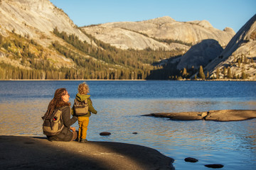 Mother with son visit Yosemite national park in California