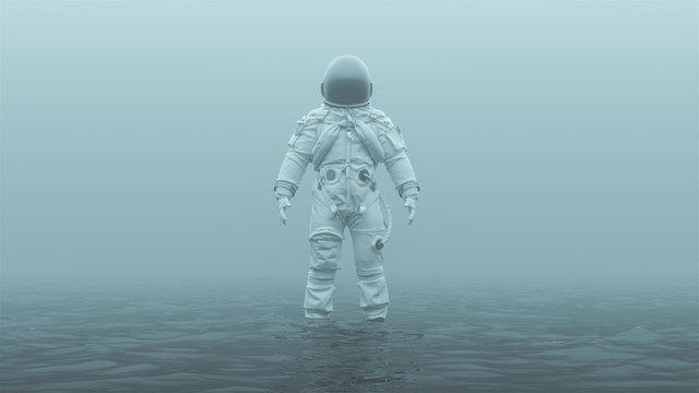 Astronaut in an White Advanced Crew Escape Suit with Black Visor Standing in Water in a Foggy Overcast Environment 3d illustration 