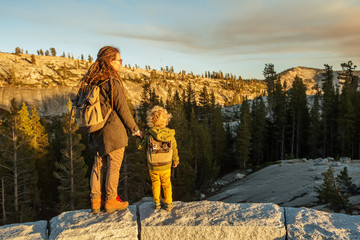 Mother with son visit Yosemite national park in California