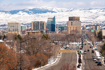 Capital boulevard and Boise skyline in winter