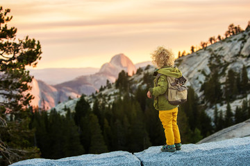Hiker toddler boy visit Yosemite national park in California