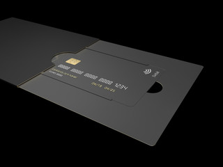 Black blank credit cards mockup isolated on black background 3d illustration
