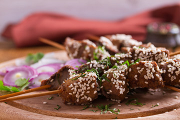 Beef liver on skewers with sesame seeds. Liver Kebab