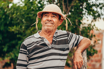 Portrait of Brazilian Northeastern cowboy wearing his typical leather hat.