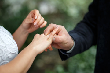 Wedding photo. The groom puts the ring on the bride