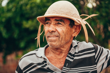 Portrait of Brazilian Northeastern cowboy wearing his typical leather hat.