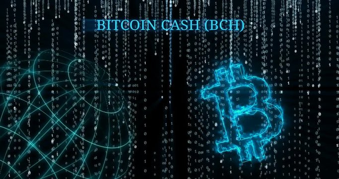 Glowing Bitcoin Cash (BCH) symbol against falling binary code symbols
