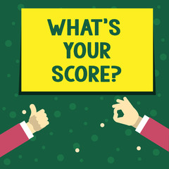 Handwriting text writing What S Your Scorequestion. Concept meaning Tell Personal Individual Rating Average Results