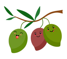 Funny olives on a branch with leaves in the style of kawaii. Vector illustration on white background.