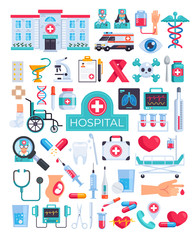 Fototapeta na wymiar Medical hospital clinic emergency aid surgery diagnosis design graphic flat cartoon icon elements illustration set
