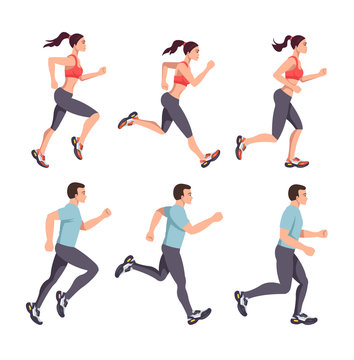 Sport people man and woman characters run. Running stage steps marathon healthy lifestyle concept. Vector flat graphic design isolated illustration set