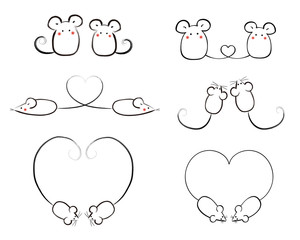 かわいいシンプルねずみ　年賀状素材　ハート　ペア