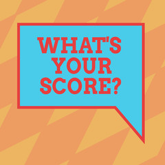 Text sign showing What S Your Scorequestion. Conceptual photo Tell Personal Individual Rating Average Results Blank Rectangular Color Speech Bubble with Border photo Right Hand