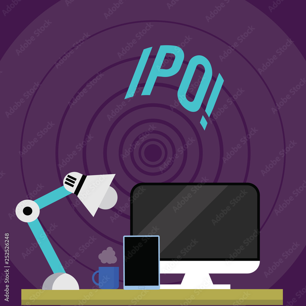 Poster writing note showing ipo. business photo showcasing initial public offering first time stock of comp