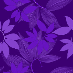 Seamless floral pattern with hand-drawn abstract tropical leaves.