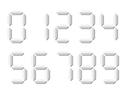 Grey 3D-like digital numbers. Seven-segment display is used in calculators, digital clocks or electronic meters. Vector illustration