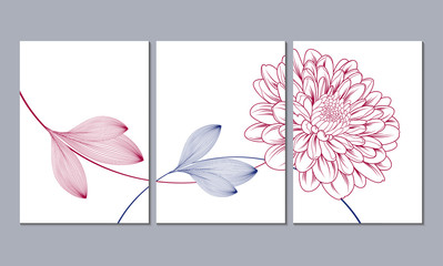 Floral background with flowers of chrysanthemum. Element for design. Set of 3 canvases for wall decoration in the living room, office, bedroom, kitchen, office. Home decor of the walls. 