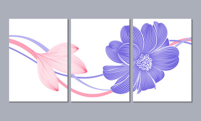 Floral background with abstract purple flowers  dahlia. Element for design. Set of 3 canvases for wall decoration in the living room, office, bedroom, kitchen, office. Home decor of the walls. 