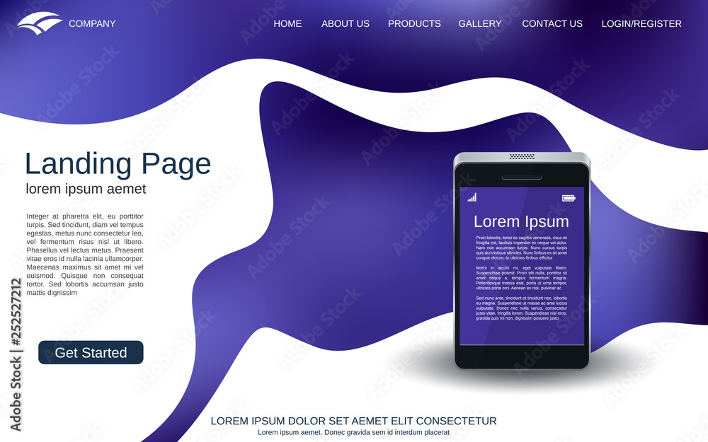 Aufkleber website landing page vector template. abstract vector background with smartphone realistic icon for 