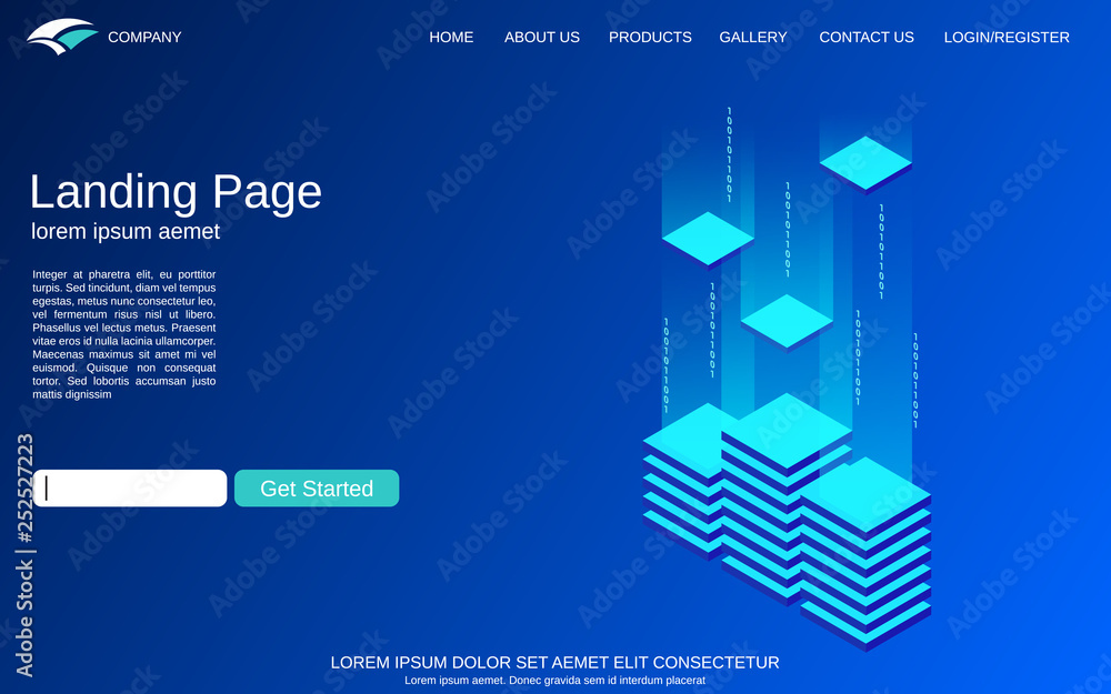 Aufkleber website landing page vector template. blue background with digital technology isometric concept illu
