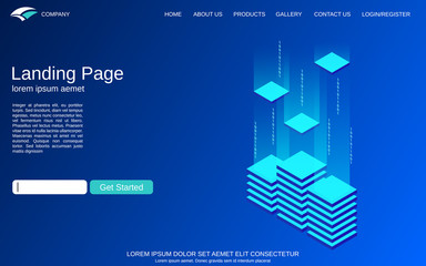 Website landing page vector template. Blue background with digital technology isometric concept illustration. Design for webpage, banner and application