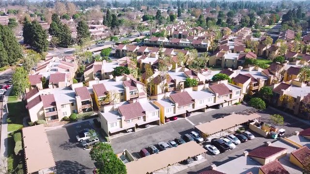 Aerial over suburban Southern California sprawl and condos near Ventura, California.