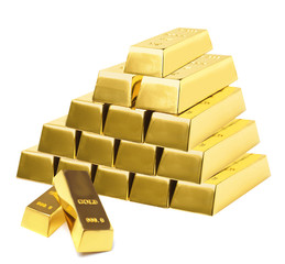 Precious shiny gold bars on white background