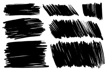 Naklejka premium Vector hand drawn brush strokes set with scrawls, stains for backdrops. Monochrome design elements set. One color monochrome artistic hand drawn backgrounds various shapes.