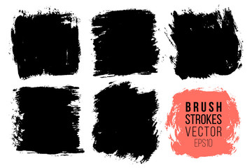 Vector set of big hand drawn brush strokes, stains for backdrops. Monochrome design elements set. One color monochrome artistic hand drawn backgrounds square shapes. - obrazy, fototapety, plakaty