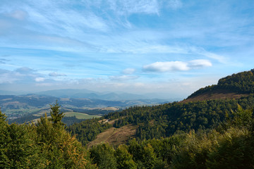 Mountain landscape, autumn sunny morning. Carpathian Mountains, Pylypets, Ukraine.