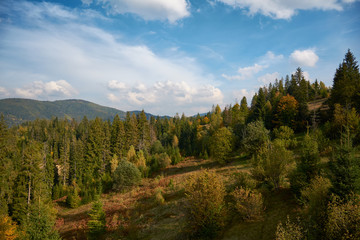 Mountain landscape, autumn sunny morning. Carpathian Mountains, Ukraine.