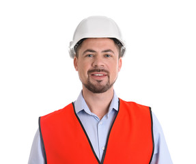 Male industrial engineer in uniform on white background. Safety equipment