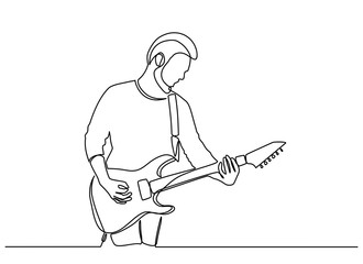 Continuous line drawing of a man playing the guitar. Vector