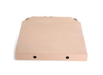 Cardboard pizza box on white background. Mockup for design