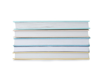 Stack of hardcover books on white background