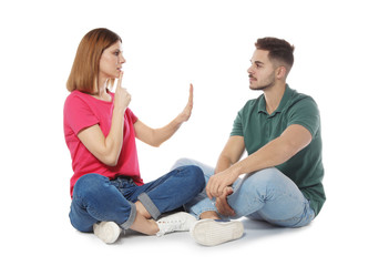 Hearing impaired friends using sign language for communication isolated on white