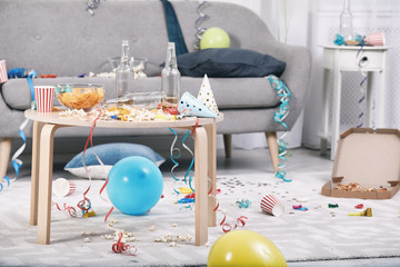 Messy living room interior. After party chaos