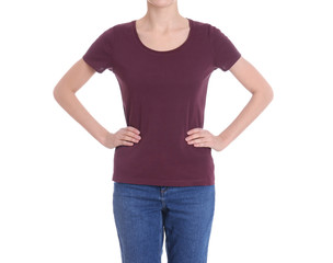 Obraz premium Young slim woman on white background, closeup. Weight loss