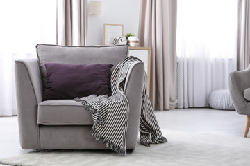 Comfortable armchair with soft cushion in modern living room interior. Space for text