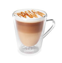 Glass cup with caramel macchiato on white background