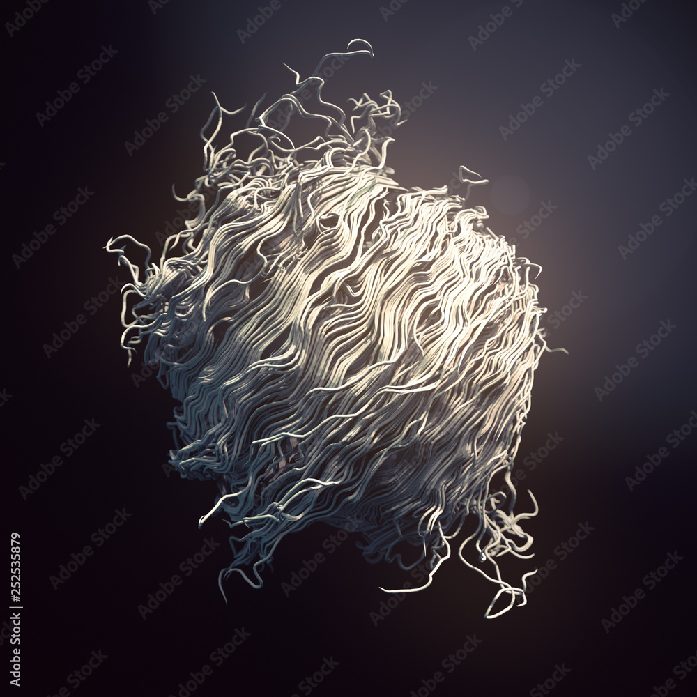 Poster Abstract interweaving psychedelic white lines on a dark background. Curled wire futuristic pattern. 3d rendering