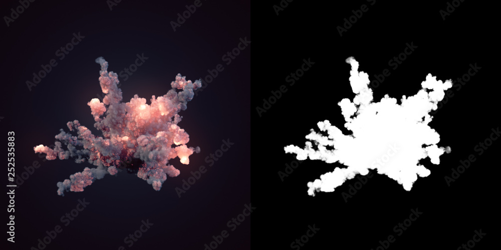 Aufkleber Composition with large explosions in dark plus alpha channel. 3d rendering