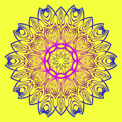 Beautiful Floral Mandala. Art Traditional, Islam, Arabic, Indian, Magazine, Elements With Mandala. Vector Illustration. Yellow purple color