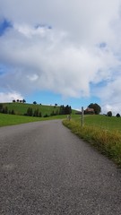 road, landscape, sky, rural, nature, field, country,  grass, green, summer, blue, countryside, cloud, clouds, highway, travel, asphalt, tree, meadow, way, path,spring, agriculture, Switzerlad